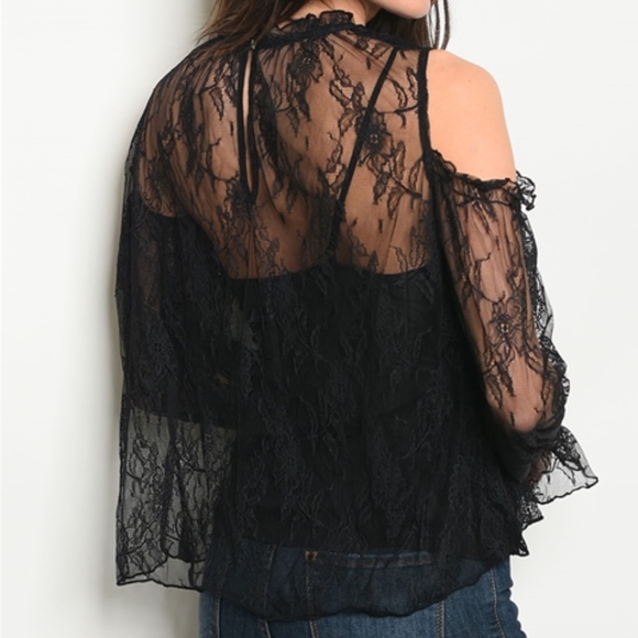 Black Lace Cold Shoulder Lace Top - Picture 2 of 4
